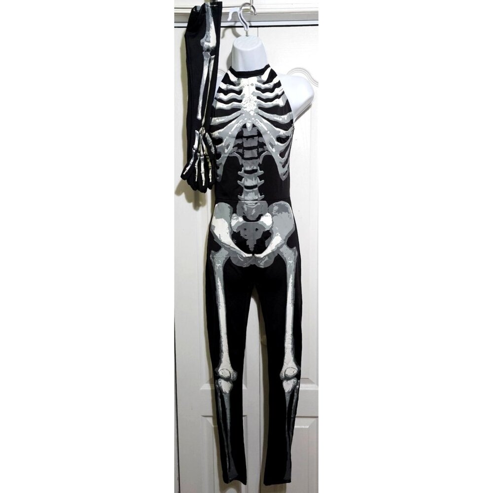 Bone-A-Fied Babe Sexy Skeleton Costume Women's Halter Catsuit Gloves Halloween M